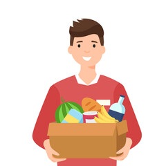 Young smiling man keeps grocery box. Online delivery and courier service. Logistics concept. Colourful flat cartoon vector illustration isolated on white background.