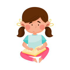 Cute Girl Character Sitting on the Floor and Reading Book Vector Illustration