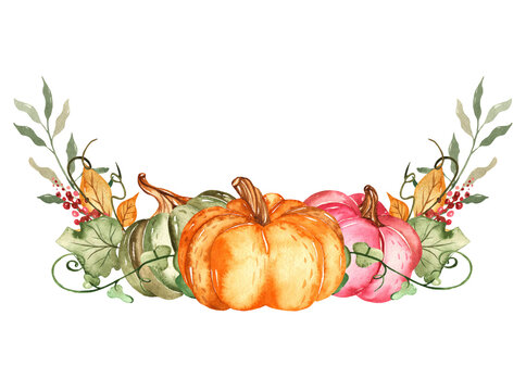 Watercolor wreath with pumpkins, autumn leaves, berries.