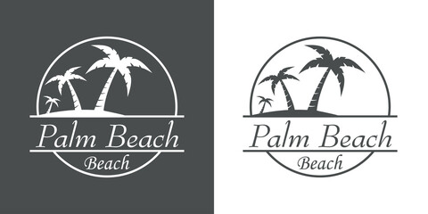 Fototapeta premium Símbolo destino de vacaciones. Icono plano texto Palm Beach en círculo con playa y palmeras en fondo gris y fondo blanco