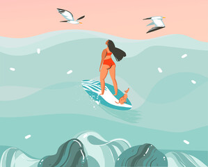 Hand drawn vector stock abstract graphic illustration with a surfer girl surfing with a dog and seagulls isolated on ocean wave landscape background