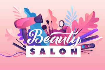 Beauty Salon. Colorful Makeup and Hair Style decorative illustration with haircut accessories and Make-up equipment with big white letters. Realistic Poster. Vector Illustration Pink Colors