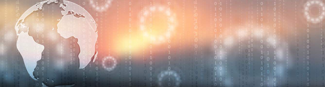 Technology banner design with globe, HUD gears and binary code. Abstract futuristic vector background