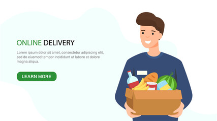 Young man keeps grocery box. Online delivery and courier service. Flat vector Logistics concept with copy space on white background. Suitable for web landing page, ui, mobile app, banner template.