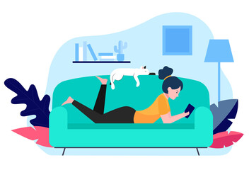 Girl and cat relaxing on sofa flat vector illustration. Cartoon woman laying in comfort and reading. Home evening and entertainment concept