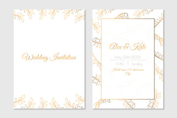 Luxury floral wedding invitation  with gold decor. Vector template for cover and information