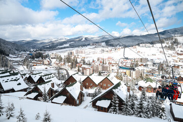 Bukovel, Ivano-Frankivsk Oblast, arial view of ski resort in Bukovel in sunny day in winter season.