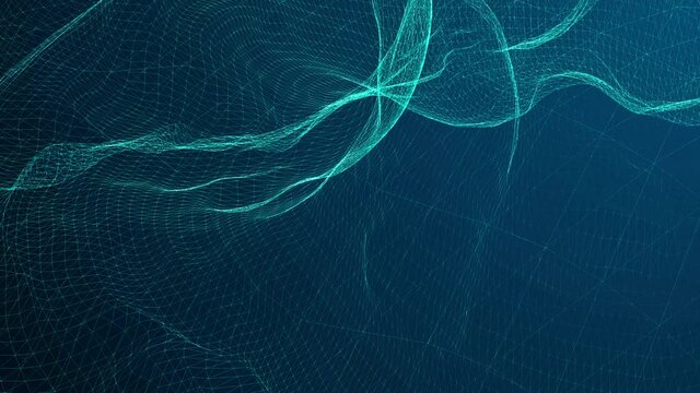 Seamless loop Wave of wiremesh. Futuristic blue background with dynamic wave. Big data. 3D rendering. Abstract background with wavy lines. Animation ripples on surface from neon lines. 