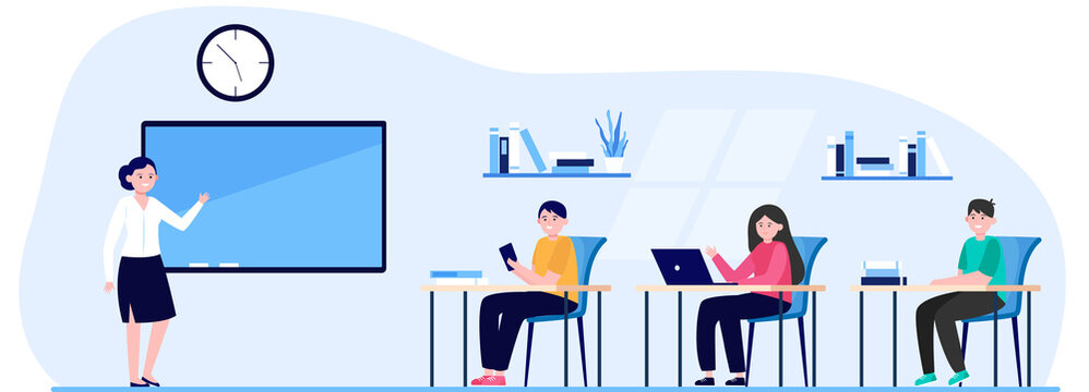 Students in classroom flat vector illustration. Cartoon young characters listening teacher during lesson in college. Study and education concept