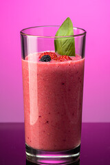 smoothie of berries, banana, milk in a transparent glass on a background of components