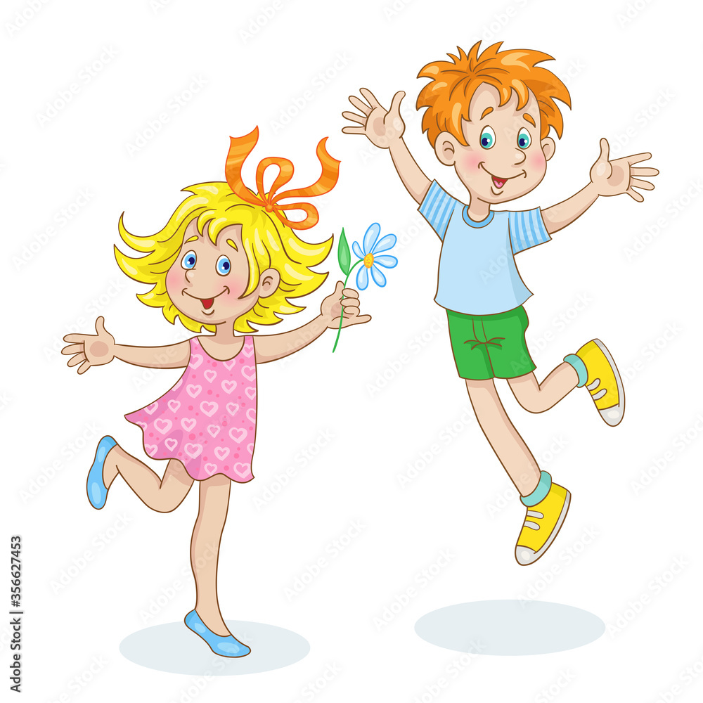 Canvas Prints Funny boy and cute little girl are dancing. In cartoon style. Isolated on white background. Vector illustration.