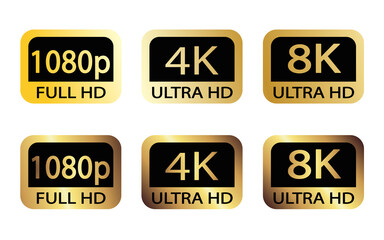 Black, white and golden video or screen resolution icons. Set from 1080p to 8k.  8K UHD is the highest resolution defined in the Rec. 2020 standard. 