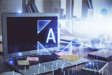 Technology theme drawing and work space with computer. Double exposure. Concept of innovation.