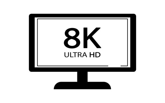 Black and white video or screen resolution icons. Set from 1080p to 8k.  8K UHD is the highest resolution defined in the Rec. 2020 standard. 