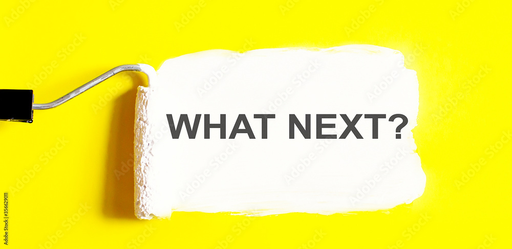 Poster what next? . one open can of paint with white brush on it on yellow background. top view. repairing 