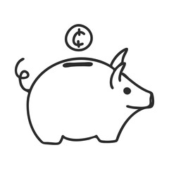 Piggy Bank in Doodle style. The symbol of savings. Hand drawn and isolated on a white background. Black and white vector illustration