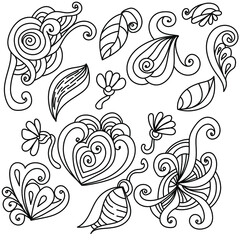 Doodle vector illustration, flower, leaves and spiral elements for design and creativity