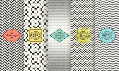 Set of seamless geometric patterns with trendy modern colorful labels. Shabby chic. Vector geometric seamless textures with zig zag lines, stripes.