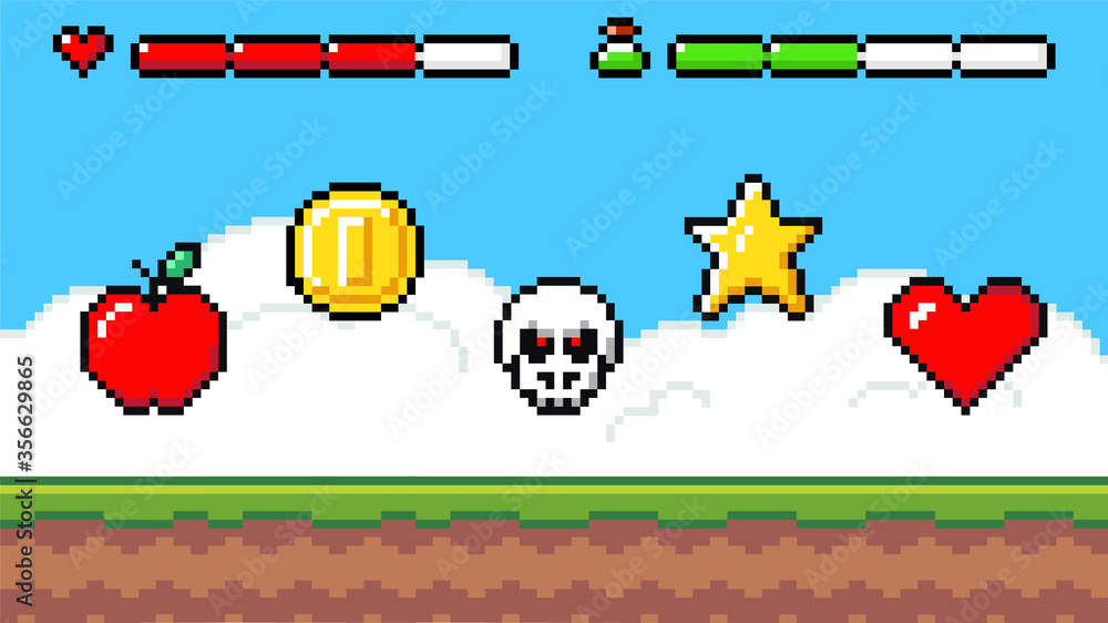 Poster pixel art game background with reward object in the air. game scene with grass platform and prizes i