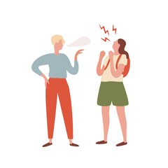 Quarrel between teenager girl and guy vector flat illustration. Young annoyed people insult each other, arguing and shouting isolated on white. Irritated characters having conflict and disagreement - obrazy, fototapety, plakaty