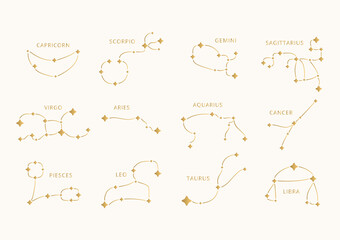 Set of golden constellations. Vector zodiac signs. Celestial illustration. © anatartan