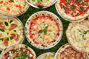 Fototapeta na wymiar fresh pizza with different ingredients on green grass