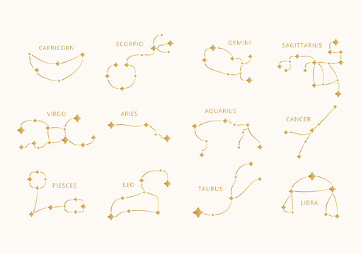 Set of golden constellations. Vector zodiac signs. Celestial illustration.