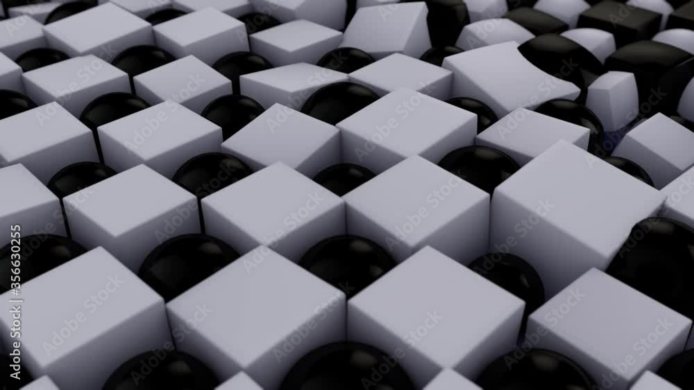 Poster 3d animation of cubes and spheres arranged in a staggered order. abstract 4k animation of a geometri