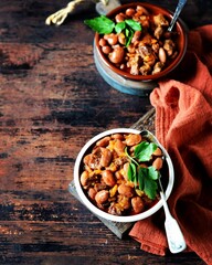 Beef stew with beans, tomatoes and vegetables on a dark wooden background