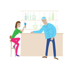 Cartoon bar scene. Young woman drinks cocktail in high chair, nearby stands a young guy leaning on bar counter.