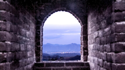 Old window at the great wall of China tower