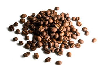 A lot of coffee beans stacked in a hill. Close-up top view