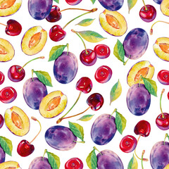 Seamless watercolour fruits pattern. Bright summer fruits on dark background. Seamless cherries and plums. Watercolor illustration for wrapping paper, fabric, textile, wallpaper, etc