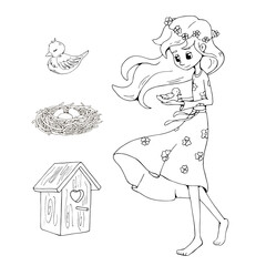 Cute cartoon girl holding a bird in her arms. Set of elements (birdhouse, nest, bird). White and black vector illustration for coloring book.