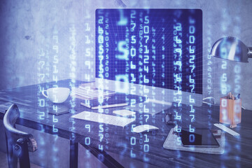 Technology theme drawing and table with computer. Double exposure. Concept of information.