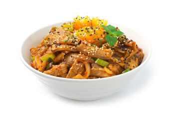 Kimchi stir fried with Pork on rice Korean food
