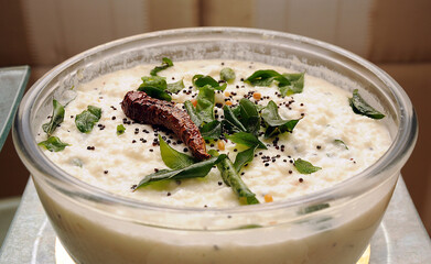 curd rice well garnished with curry leaves andred chilli