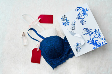 Variety of female bra in underwear store.