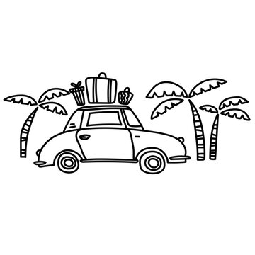 Travelling by car. Suitcases on the roof of the car. Traveling alone or with friends. Coloring page. Vector image, clipart, editable details.