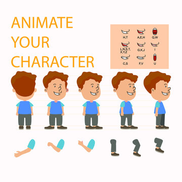 Front, side, back view animated characters. Male Students creation set with various views, hairstyles, face emotions, Muslim, Cartoon style, flat vector illustration, Character Muslim, boy.