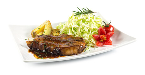 Pork steak with BBQ sauce and salad cabbage
