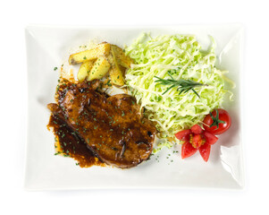 Pork steak with BBQ sauce and salad cabbage