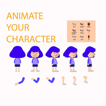 Front, side, back view animated characters. Female Students creation set with various views, hairstyles, face emotions, poses and gestures. Cartoon style, flat vector illustration.