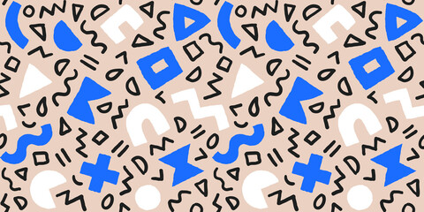 Vector seamless pattern with geometric shapes and brushstrokes. Abstract background with Scandinavian cut out elements.