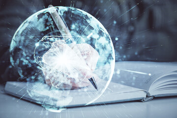 International business hologram over hands taking notes background. Concept of success. Multi exposure