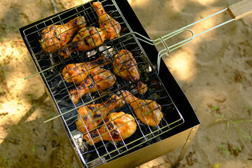 Chicken thighs roasted on the grill in nature.