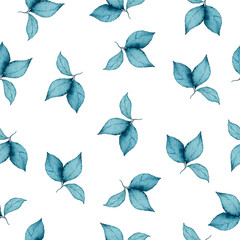 Fototapeta na wymiar seamless watercolor floral pattern with blue leaves and branches on white background, perfect for wrappers, fabric, wallpapers, postcards, greeting cards