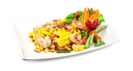 Corn salad with boiled shrimp in Thai spicy style