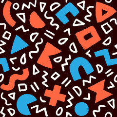 Vector seamless pattern with geometric shapes and brushstrokes. Abstract background with Scandinavian cut out elements.