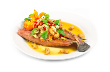 Fried Fish with Thai spicy salad with lemongrass herbs